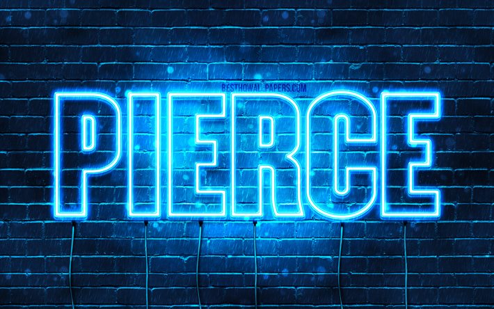 Pierce, 4k, fondos de pantalla con los nombres, el texto horizontal, Pierce nombre, luces azules de ne&#243;n, imagen con Pierce nombre
