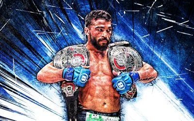 4k, Patricio Freire, grunge art, Brazilian fighters, MMA, UFC, Mixed martial arts, Patricio Freire with belts, blue abstract rays, Patricio Freire 4K, UFC fighters, Bellator MMA, MMA fighters