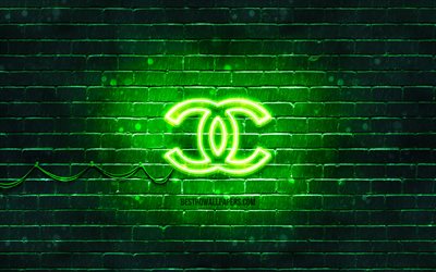 Chanel yeşil logo, 4k, yeşil brickwall, Chanel logo, marka, neon Chanel logosu, Chanel