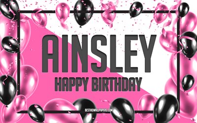 お誕生日おめでエインズリー, お誕生日の風船の背景, エインズリー, 壁紙名, エインズリーに嬉しいお誕生日, ピンク色の風船をお誕生の背景, ご挨拶カード, エインズリー誕生日