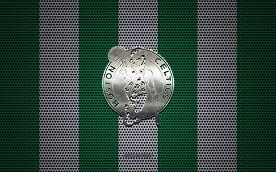 Boston Celtics logo, American basketball club, metal emblem, green-white metal mesh background, Boston Celtics, NBA, Boston, Massachusetts, USA, basketball