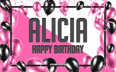 お誕生日おめでアリシア, お誕生日の風船の背景, アリシア, 壁紙名, アリシアお誕生日おめで, ピンク色の風船をお誕生の背景, ご挨拶カード, アリシア誕生日