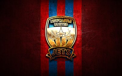 Newcastle Jets FC, altın logosu, -Lig, kırmızı metal arka plan, futbol, Newcastle Jet, Avustralyalı Futbol Kul&#252;b&#252;, Newcastle Jets logosu, Avustralya