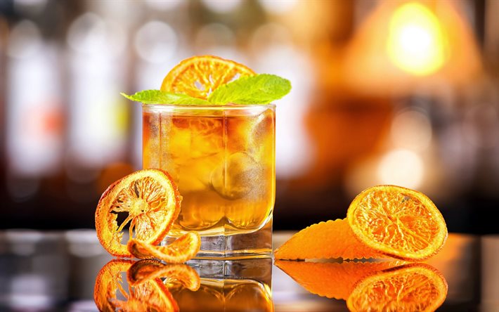 Orange mojito, orange cocktail, mynta, glas med Orange mojito, olika drycker, apelsiner