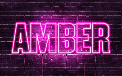 Amber, 4k, wallpapers with names, female names, Amber name, purple neon lights, horizontal text, picture with Amber name