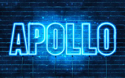 Apollo, 4k, adları Apollo adıyla, yatay metin, Apollo adı, mavi neon ışıkları, resimli duvar kağıtları