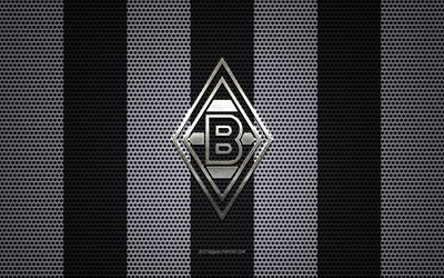 Borussia Monchengladbach logo, English football club, metal emblem, black and white metal mesh background, Borussia Monchengladbach, Bundesliga, Monchengladbach, Germany, football