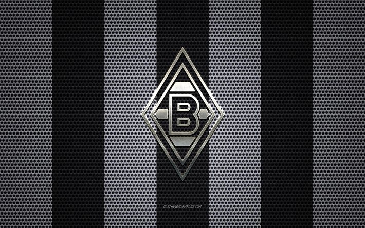 Borussia Monchengladbach logo, İngiliz Futbol Kul&#252;b&#252;, metal amblem, siyah ve beyaz metal kafes arka plan, Borussia Monchengladbach, Bundesliga, Monchengladbach, Almanya, futbol