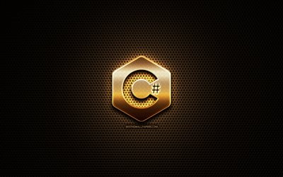 C Sharp glitter logo, programming language, grid metal background, C Sharp, creative, programming language signs, C Sharp logo