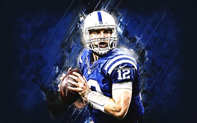 Andrew Luck, Indianapolis Colts, NFL, Amerikan futbol oyun kurucu, portre, mavi taş, arka plan, Ulusal Futbol Ligi