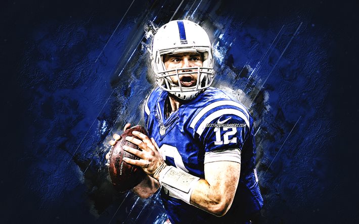 Andrew Luck, Indianapolis Colts, NFL, De futebol americano, o quarterback, retrato, a pedra azul de fundo, A Liga Nacional De Futebol