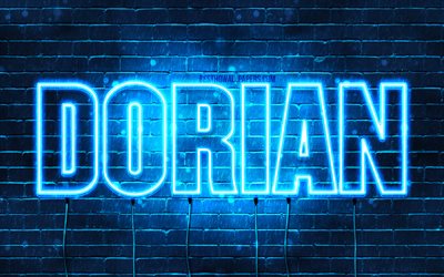 Dorian, 4k, taustakuvia nimet, vaakasuuntainen teksti, Dorian nimi, blue neon valot, kuva Dorian nimi