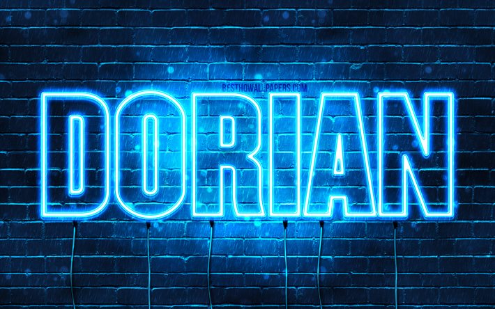 Dorian, 4k, pap&#233;is de parede com os nomes de, texto horizontal, Dorian nome, luzes de neon azuis, imagem com Dorian nome