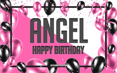 お誕生日おめでエンジェル, お誕生日の風船の背景, エンジェル, 壁紙名, 天使のお誕生日おめで, ピンク色の風船をお誕生の背景, ご挨拶カード, エンジェル誕生日