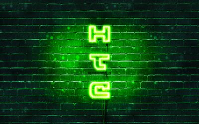 4K, HTCグリーン-シンボルマーク, テキストの垂直, 緑brickwall, HTCネオンのロゴ, 創造, HTCロゴ, 作品, HTC