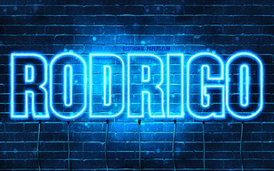Rodrigo, 4k, wallpapers with names, horizontal text, Rodrigo name, blue neon lights, picture with Rodrigo name