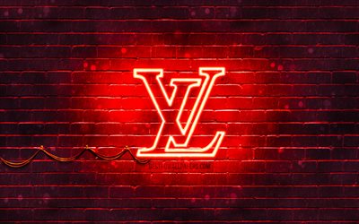Louis Vuitton logo rouge, 4k, rouge brickwall, Louis Vuitton logo, les marques, Louis Vuitton n&#233;on logo, Louis Vuitton