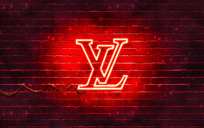 Louis Vuitton logotipo rojo, 4k, rojo brickwall, Louis Vuitton logotipo, marcas, Louis Vuitton ne&#243;n logotipo de Louis Vuitton