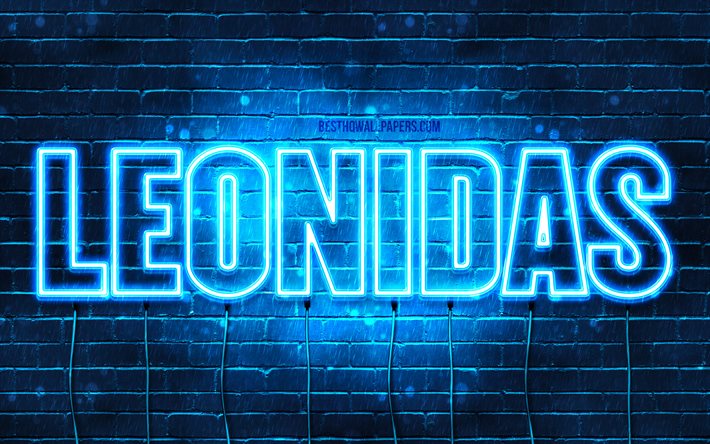 Leonidas, 4k, taustakuvia nimet, vaakasuuntainen teksti, Leonidas nimi, blue neon valot, kuva Leonidas nimi