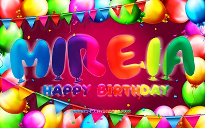 Happy Birthday Mireia, 4k, colorful balloon frame, Mireia name, purple background, Mireia Happy Birthday, Mireia Birthday, popular spanish female names, Birthday concept, Mireia