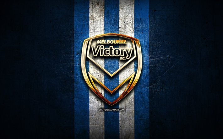 Melbourne Victory FC, golden logotyp, A-League, bl&#229; metall bakgrund, fotboll, Melbourne Victory, Australian football club, Melbourne Victory logotyp, Australien