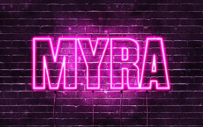 Myra, 4k, wallpapers with names, female names, Myra name, purple neon lights, horizontal text, picture with Myra name