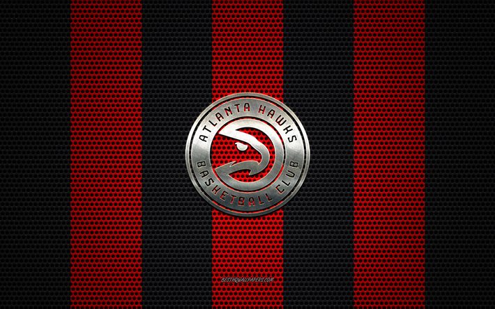Atlanta Hawks logo, American basketball club, metal emblem, red-black metal mesh background, Atlanta Hawks, NBA, Atlanta, Georgia, USA, basketball