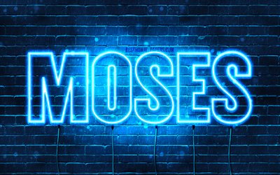 Moses, 4k, wallpapers with names, horizontal text, Moses name, blue neon lights, picture with Moses name