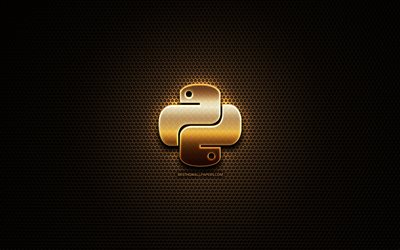 Python glitter logo, programming language, grid metal background, Python, creative, programming language signs, Python logo