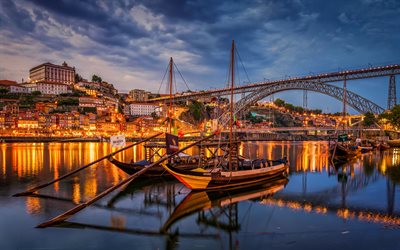 Porto en la noche, portugu&#233;s ciudades, el puerto, de Portugal, de Europa, Porto