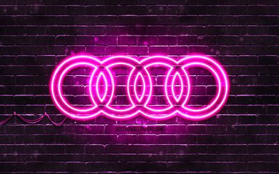 Audi mor logo, 4k, mor brickwall, Audi logosu, araba markaları, Audi neon logo, Audi
