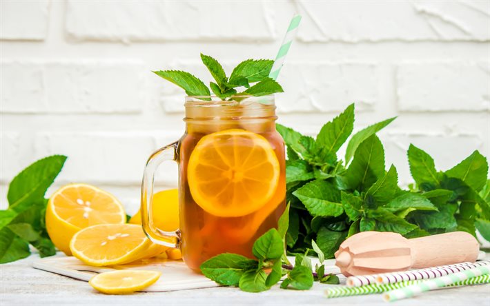 lemon tea, tea cup, mint tea, green mint leaves, different drinks, tea concepts