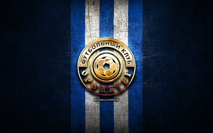 Orenburg FC, golden logo, Russian Premier League, blue metal background, football, FC Orenburg, russian football club, Orenburg logo, soccer, Russia