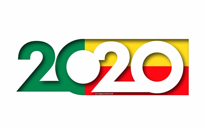 2020 Benin, Benin, beyaz arka plan, 3d sanat Bayrağı, 2020 kavramlar, Benin bayrak, Yeni Yıl 2020, 2020 Benin bayrağı