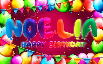 Happy Birthday Noelia, 4k, colorful balloon frame, Noelia name, purple background, Noelia Happy Birthday, Noelia Birthday, popular spanish female names, Birthday concept, Noelia