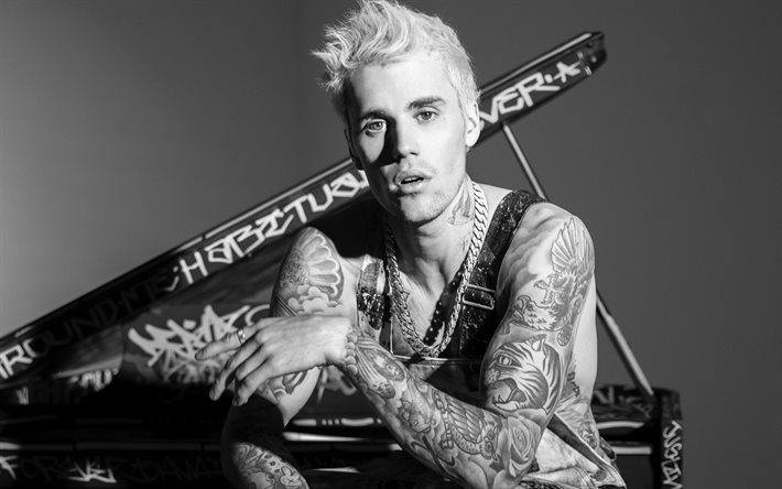 Justin Bieber, retrato, monocromo, sesi&#243;n de fotos, canadian singer, Bieber tatuajes
