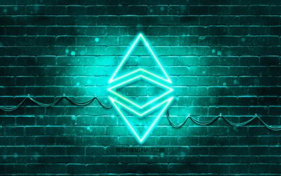 Ethereum turquoise logo, 4k, turquoise brickwall, Ethereum logo, cryptocurrency, Ethereum neon logo, cryptocurrency signs, Ethereum