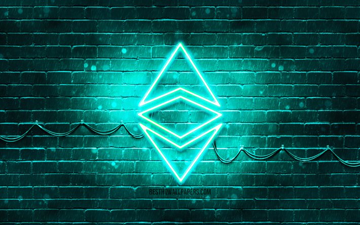 Ethereum الفيروز شعار, 4k, الفيروز brickwall, Ethereum شعار, cryptocurrency, Ethereum النيون شعار, cryptocurrency علامات, Ethereum