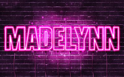 Madelynn, 4k, taustakuvia nimet, naisten nimi&#228;, Madelynn nimi, violetti neon valot, vaakasuuntainen teksti, kuva Madelynn nimi