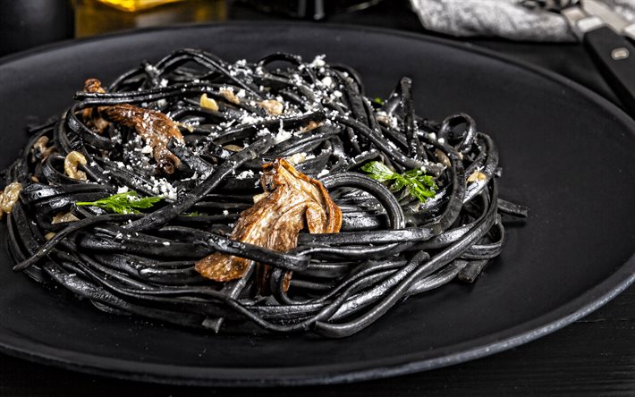 black pasta, black spaghetti, black plate with pasta, spaghetti, pasta with mushrooms