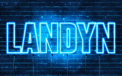 Landyn, 4k, taustakuvia nimet, vaakasuuntainen teksti, Landyn nimi, blue neon valot, kuva Landyn nimi