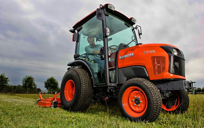 Kubota ST401, recoger hierba, 2020 tractores, maquinaria agr&#237;cola, naranja tractor, HDR, la cosecha, el tractor en el campo, la agricultura, Kubota