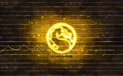 Mortal Kombat yellow logo, 4k, yellow brickwall, Mortal Kombat logo, 2020 games, Mortal Kombat neon logo, Mortal Kombat