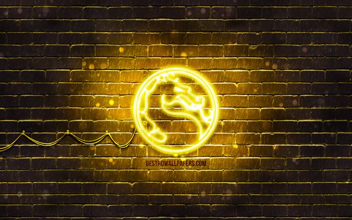 Mortal Kombat gul logotyp, 4k, gul brickwall, Mortal Kombat logotyp, 2020 spel, Mortal Kombat neon logotyp, Mortal Kombat