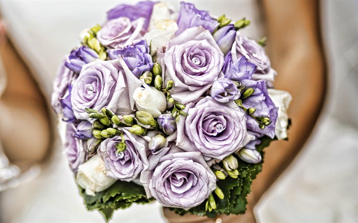 ブライダルブーケ, 4k, 結婚式の花束, 紫色のバラ, バラの花束, 花嫁, 美しい花, バラ, 結婚式の概念