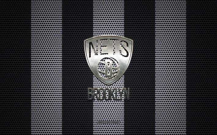 brooklyn nets-logo, american basketball club -, metall-emblem, white-und black-metal-mesh-hintergrund, brooklyn nets, nba, brooklyn, new york, usa, basketball