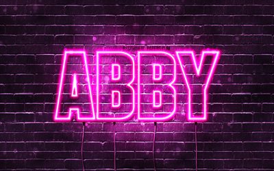 Abby, 4k, taustakuvia nimet, naisten nimi&#228;, Abby nimi, violetti neon valot, vaakasuuntainen teksti, kuva Abby nimi