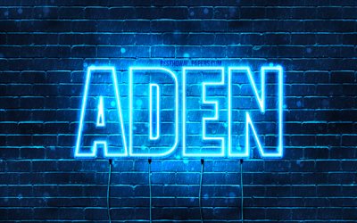 Aden, 4k, les papiers peints avec les noms, le texte horizontal, Aden nom, bleu n&#233;on, photo avec Aden nom