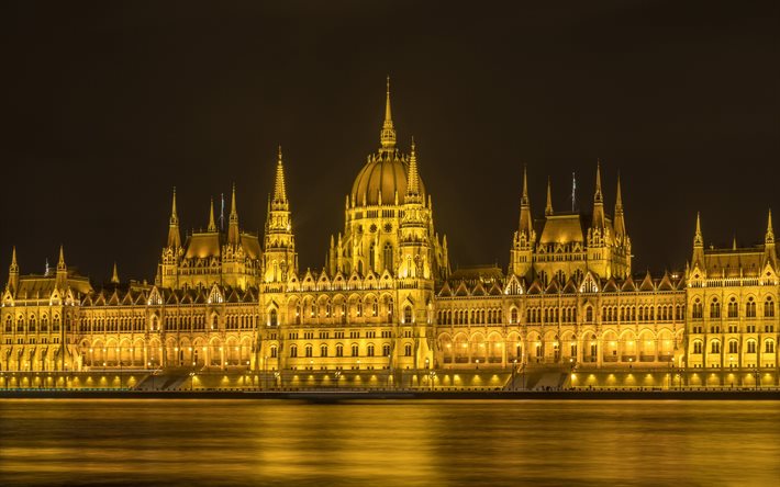 Budapest, Ungerska Parlamentet Building, Parlamentet i Budapest, kv&#228;ll, natt, Donau, Budapest landm&#228;rke, Ungern