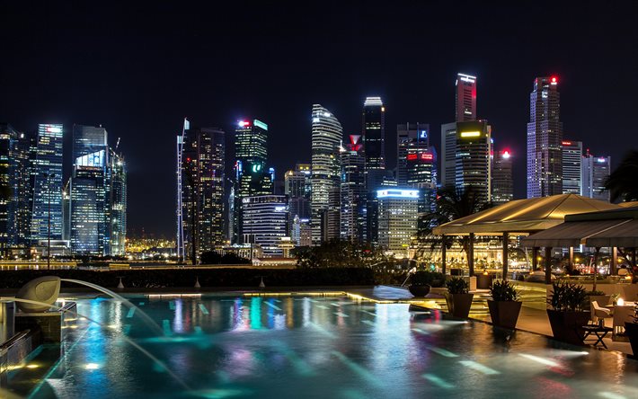 Singapore, natt, skyskrapor, moderna byggnader, natthimlen, Singapore stadsbilden